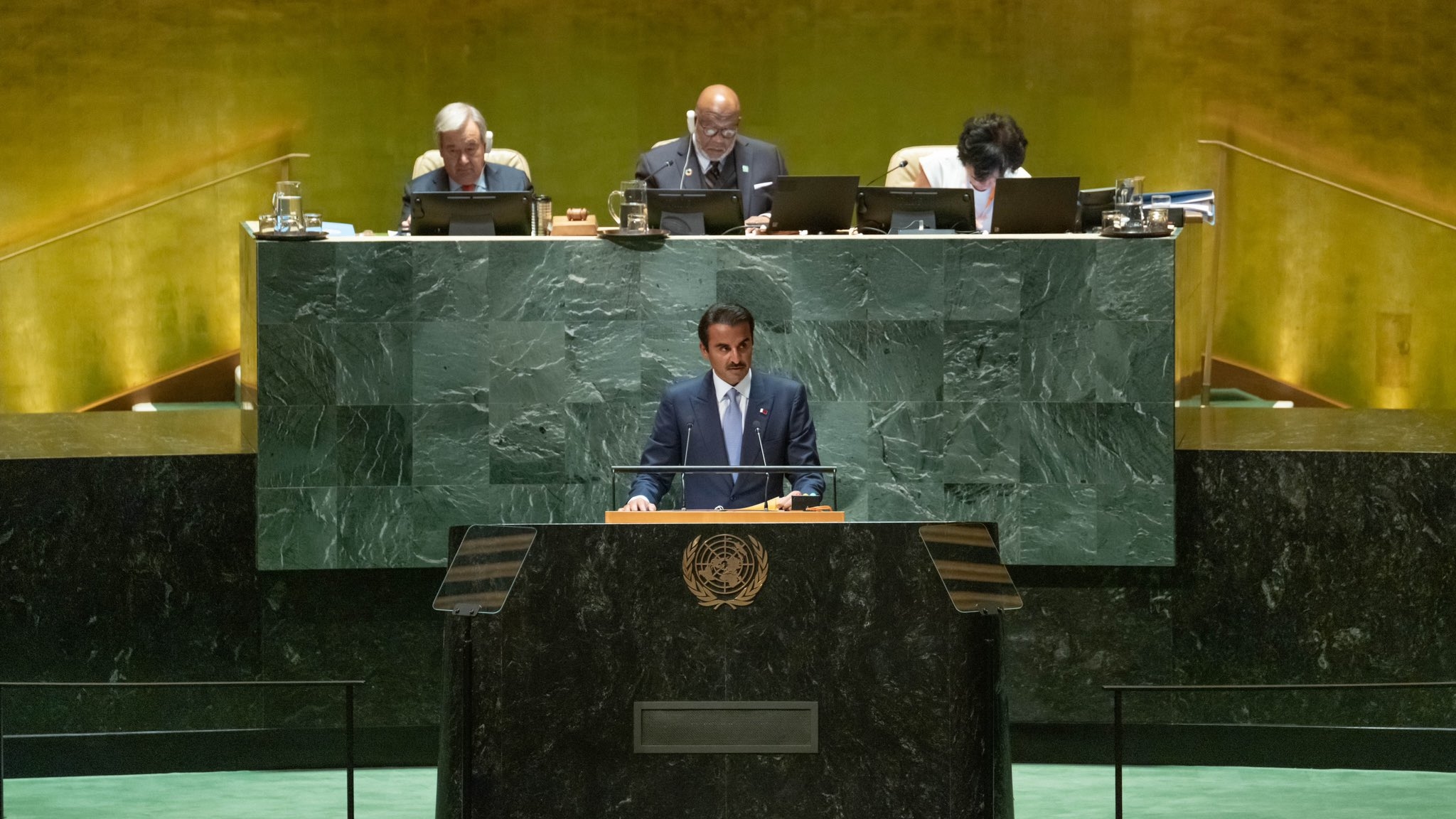 الشيخ تميم بن حمد آل ثاني أمير دولة قطر. في مقر هيئة الامم المتحدة 