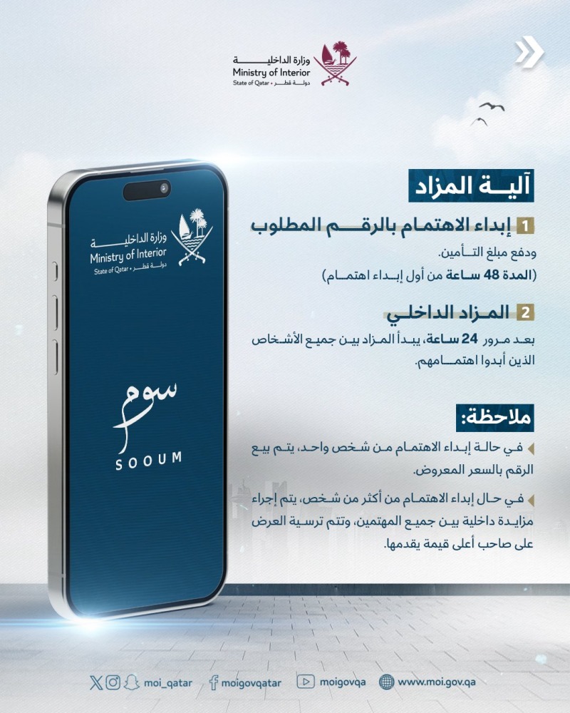 المرور يطلق مزاد أرقام لوحات مميزة بحرف (Q) عبر تطبيق «سوم»