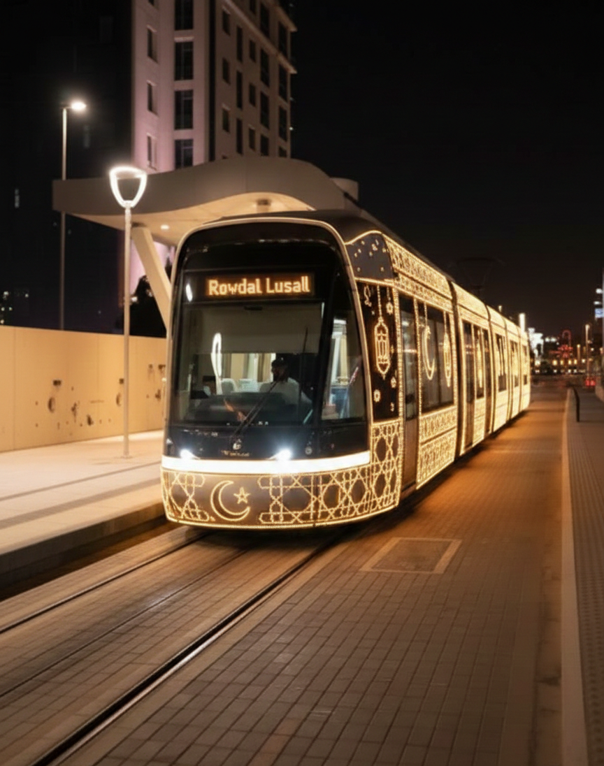 شاهد بالفيديو تزيين ترام لوسيل بالأضواء احتفالاً برمضان في قطر