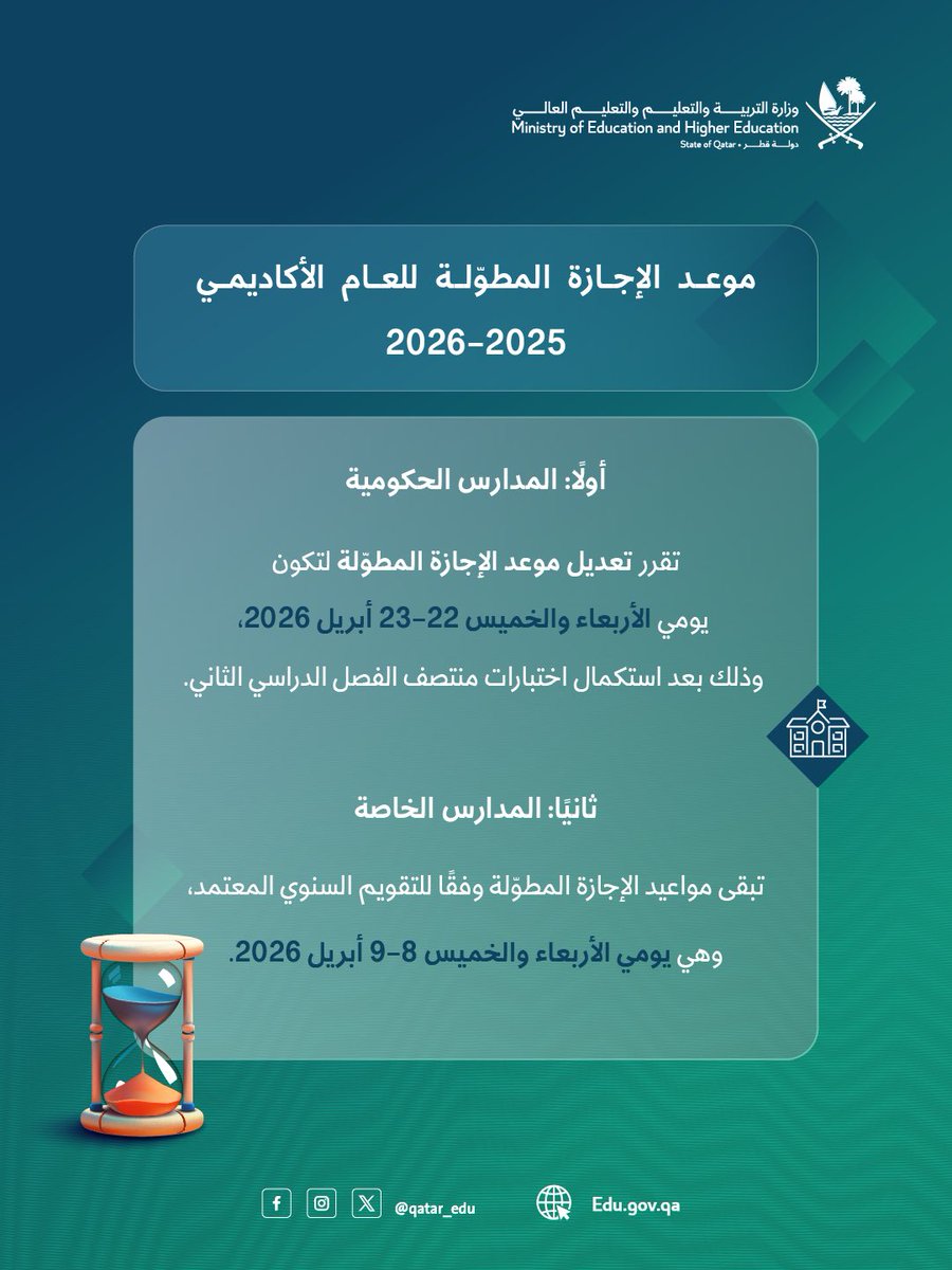 التعليم تعدّل موعد الإجازة المطوّلة بالمدارس الحكومية إلى 22 و23 أبريل
